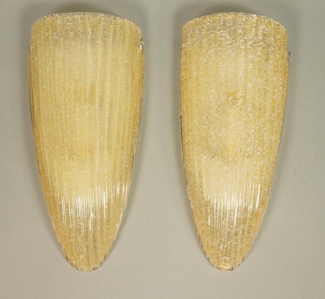 Pr Italian Art Glass Ribbed Wall Sconces. Amber & (1 of 9)