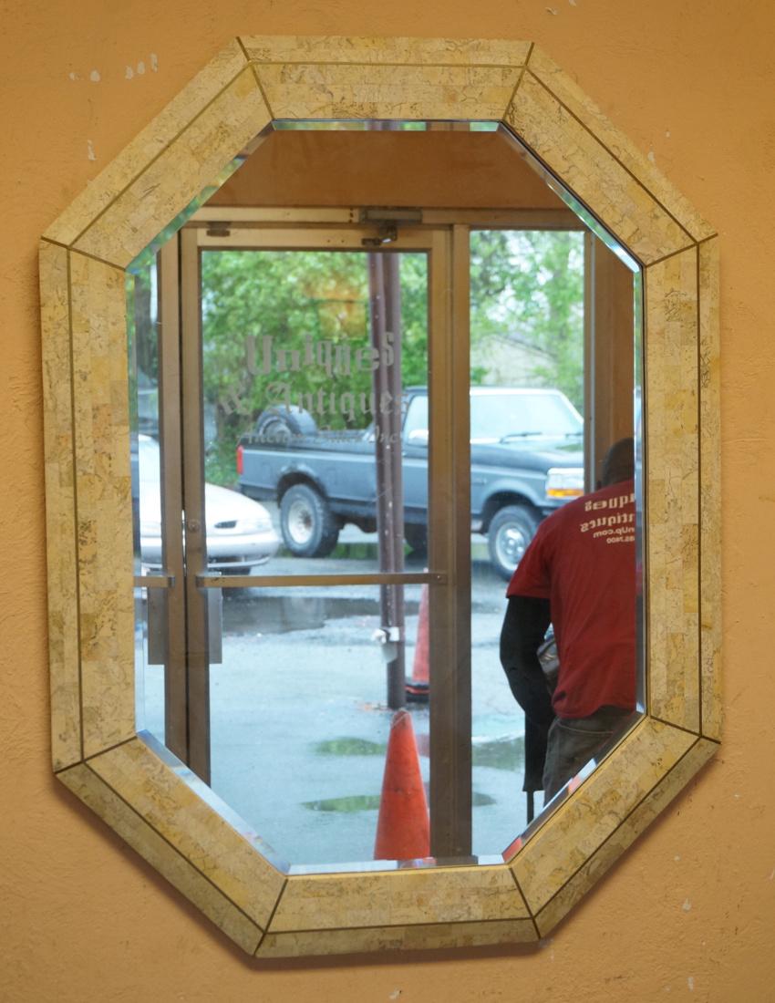 Inlaid Travertine Tile Brass Octagon Wall Mirror. (1 of 6)