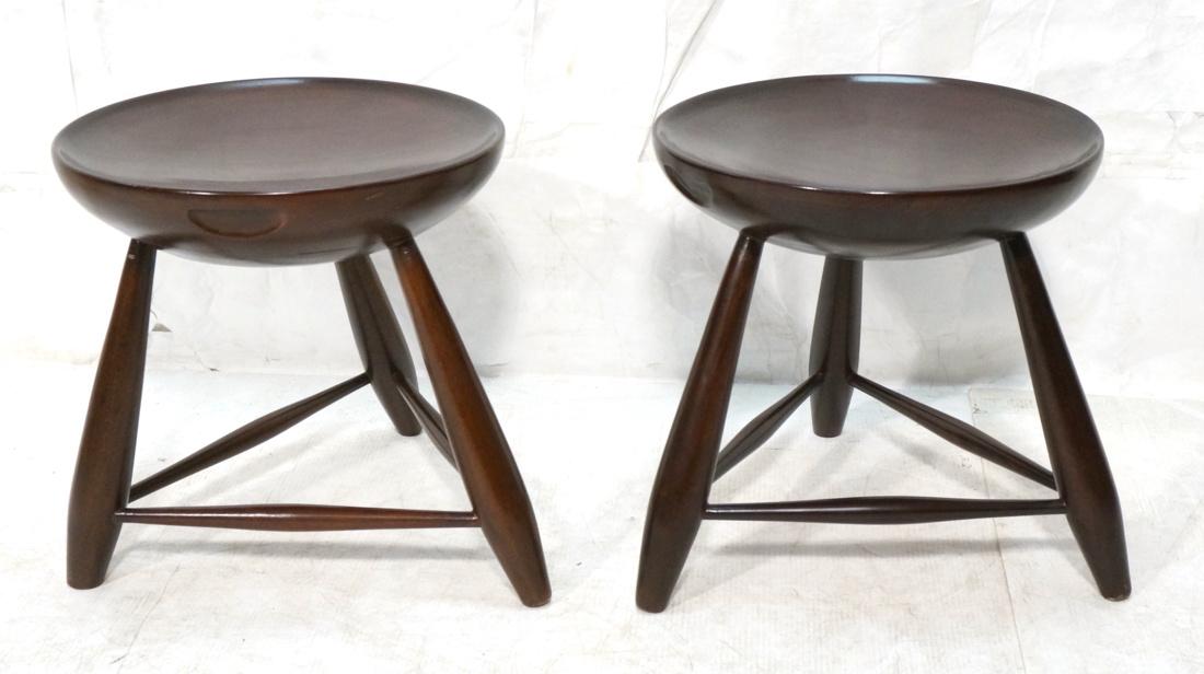 Pr Tribal Dark Wood Stools. Three tapered legs. w (1 of 9)