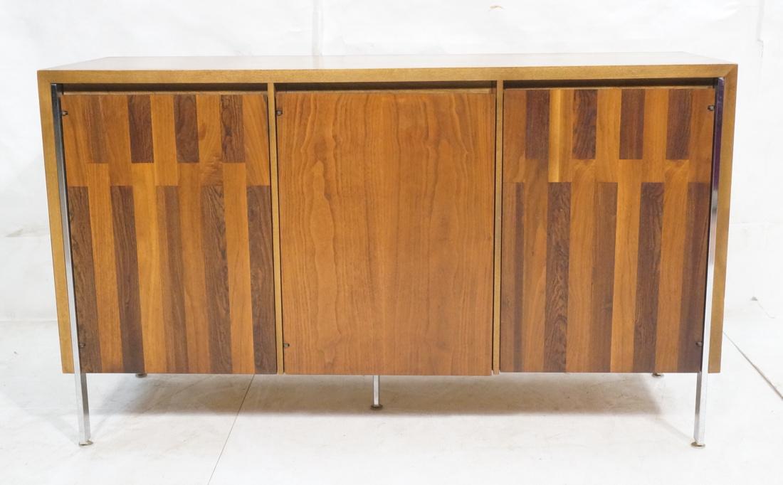 LANE Small Three Door Credenza Sideboard. Two doo: LANE Small Three Door Credenza Sideboard. Two doors with parquet inlaid. Chrome legs extend along cabinet body as decorative trim. Fitted interior-- Dimensions: H: 30.5 inches: W: 52 inches: D: 18.5 i