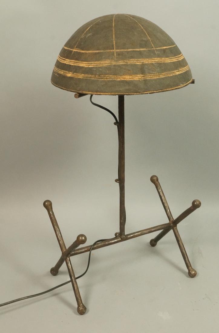 Tribal Iron Table Lamp with Carved Wood Dome Shad (1 of 6)