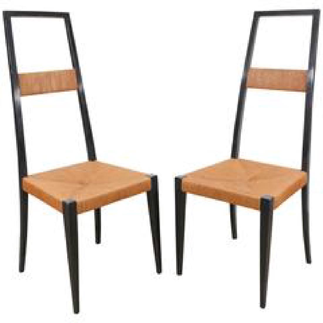 Pr Italian Ebonized Gio Popnti style Tall Chairs.: Pr Italian Ebonized Gio Popnti style Tall Chairs. Tapered tall back with woven rush detail. Rush Seats. Marked Italy. Elegant tapered legs. -- Dimensions: H: 43 inches: W: 16.25 inches: D: 17 inches -
