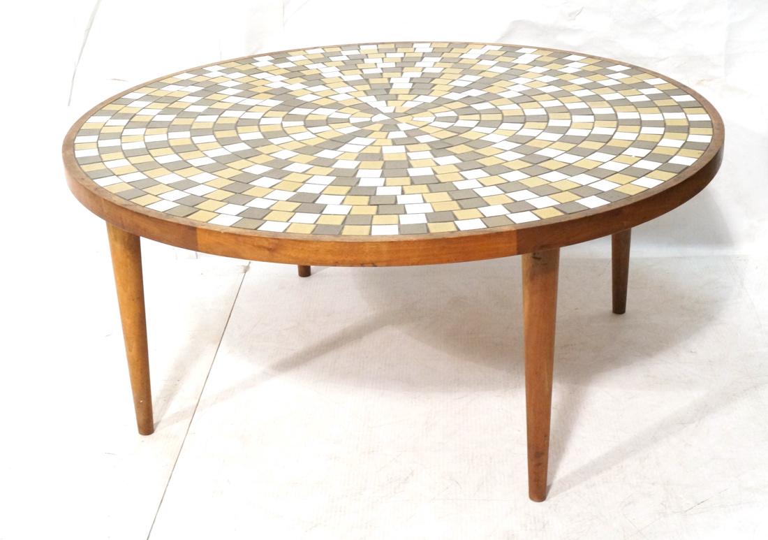 MARTZ for MARSHALL STUDIOS Tile Mosaic Top Table.: MARTZ for MARSHALL STUDIOS Tile Mosaic Top Table. Round teak cocktail table with two tone glazed ceramic tiles. Tapered peg legs. -- Dimensions: H: 16 inches: W: 36 inches: D: 36 inches ---
