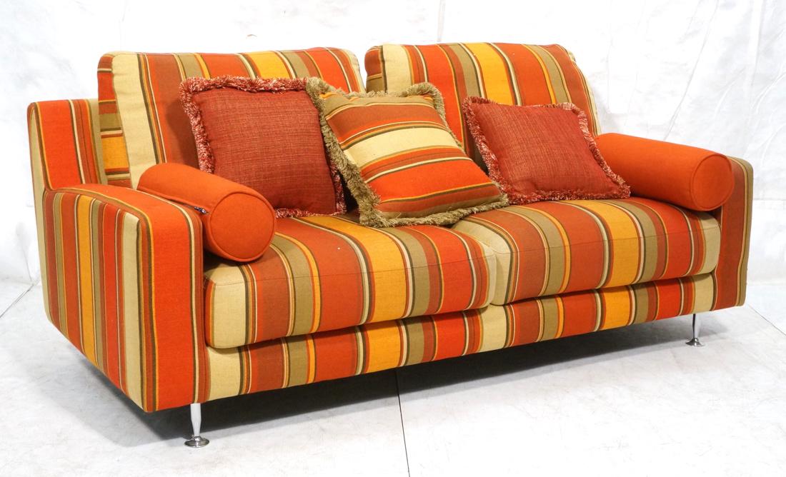 Contemporary Orange Tan & Brown Striped Couch. So: Contemporary Orange Tan & Brown Striped Couch. Sofa. Chrome feet. Bolsters & toss pillows. -- Dimensions: H: 32 inches: W: 59 inches: D: 37 inches ---