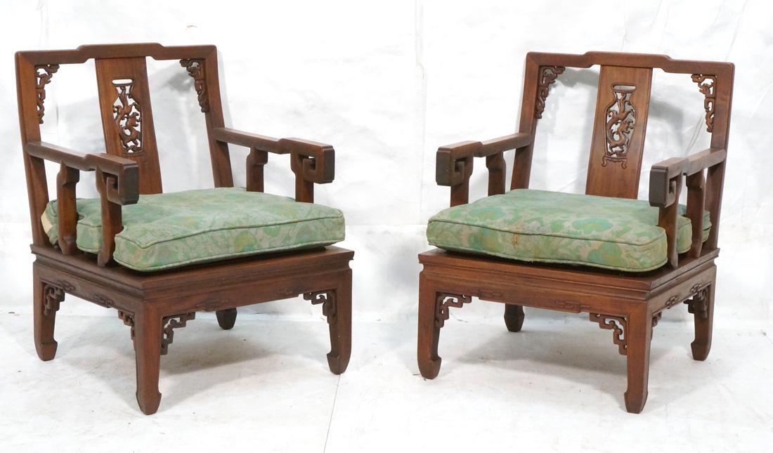 Pr Asian style Carved Oak Lounge Chairs. Center s (1 of 10)