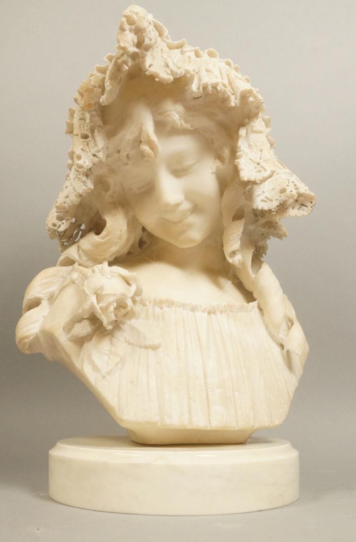 Antique Alabaster Bust of Woman. Young Woman with: Antique Alabaster Bust of Woman. Young Woman with lacy hat and rose on shoulder. -- Dimensions: H: 19.5 inches: W: 12 inches: D: 14 inches ---