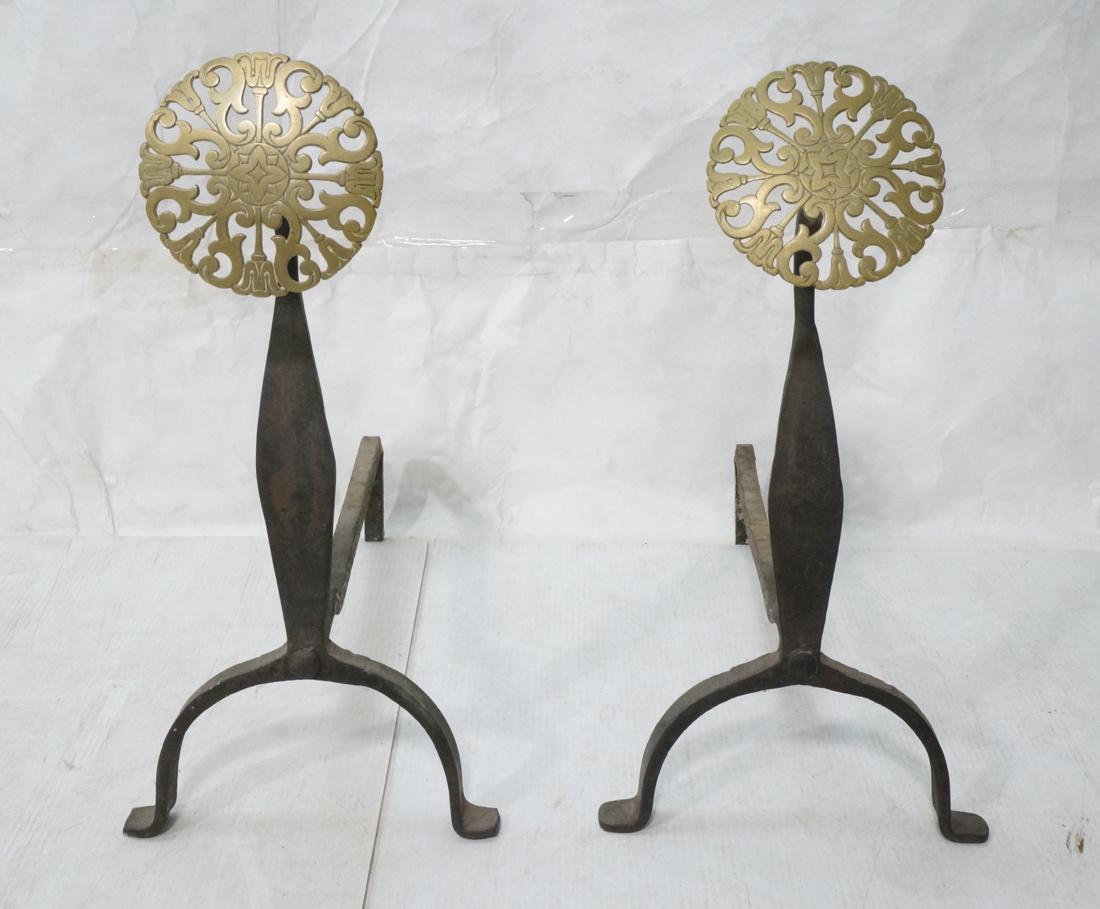 Antique Pair Brass & Iron Andirons. Pierced Brass (1 of 8)