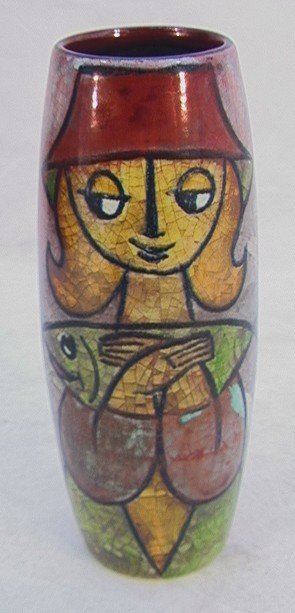 MICHAEL ANDERSEN Art Pottery Vase Woman with Fish.: MICHAEL ANDERSEN Art Pottery Vase Woman with Fish. Colorful vase decorated on both front & back with woman holding fish. Deliberate crackle design. Mrk'd on base with Andersen's 3 fish in shield mark.