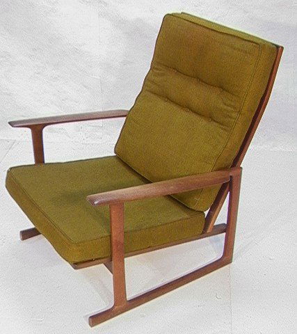 FINN JUHL Style Walnut Arm Chair Wood Slat Back. S: FINN JUHL Style Walnut Arm Chair Wood Slat Back. Slant back lounge chair. Olive Green Button Tufted Upholstery. Red enamel disc tag. Made in Denmark. Imported by Selig. Dimensions: H: 36 inches: W: 28