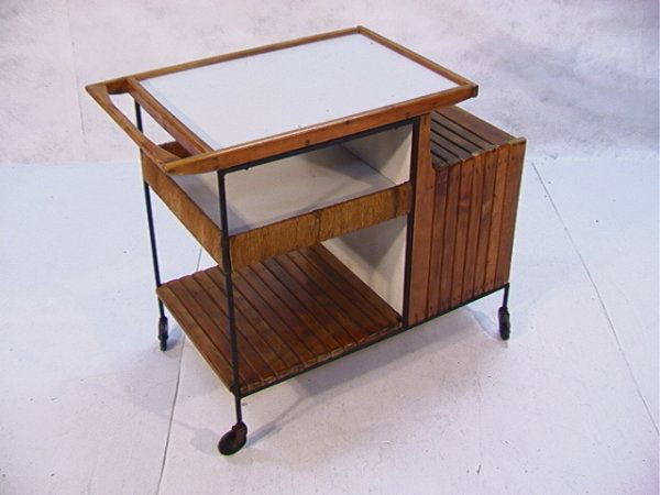 RAYMOR PAUL MCCOBB Rolling Bar Cart. Black metal: RAYMOR PAUL MCCOBB Rolling Bar Cart. Black metal iron frame. Wood and paper cording construction. Sliding door compartment. Colored doors. Dimensions: H: 30.5 inches: W: 37 inches: D: 19 inches Condit