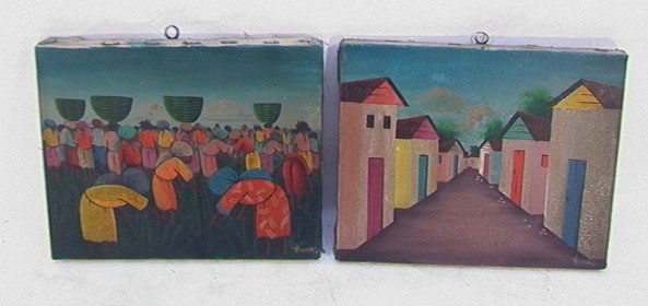 Pr THOMAS Folk Art Haitian Oil Paintings on Canvas: Pr THOMAS Folk Art Haitian Oil Paintings on Canvas. Unframed. Dimensions: H: 8 inches: W: 10 inches Condition: Excellent condition US Shipping charge: $12