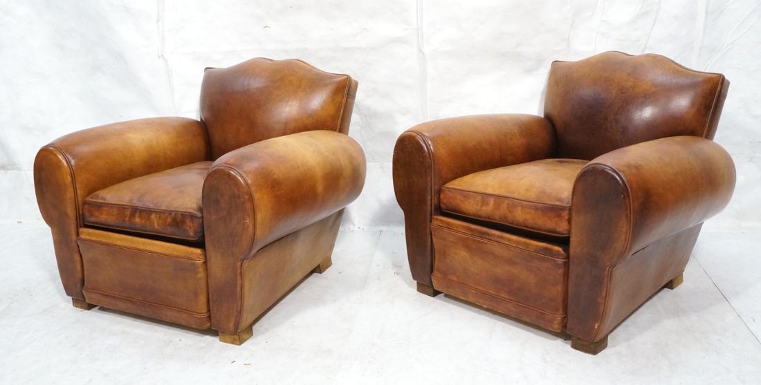 Pr Vintage French Club Chairs. Brown Leather with (1 of 9)