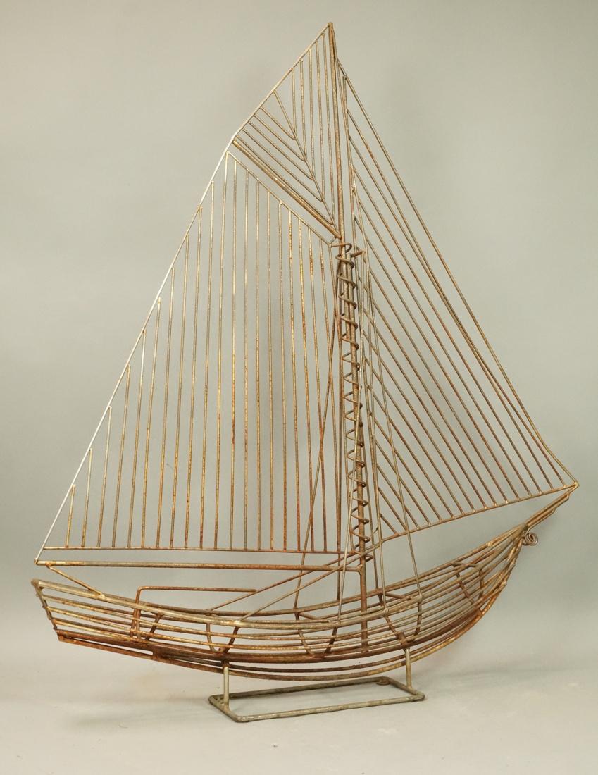 Metal Rod Figural Sailboat Table Sculpture. Detai: Metal Rod Figural Sailboat Table Sculpture. Detailed sculpture. In the style of C. Jere.-- Dimensions: H: 35.5 inches: W: 32 inches: D: 5 inches ---