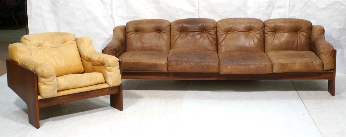 2pc Rosewood Leather Sofa & Lounge Chair. Unique (1 of 10)