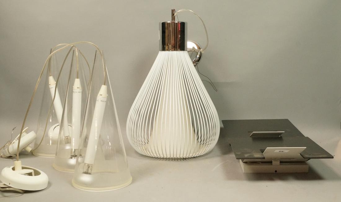 6pc Modern Lighting. Set 3 FLOS by ACHILLE CASTIG: 6pc Modern Lighting. Set 3 FLOS by ACHILLE CASTIGLIONI glass cone pendant lights. Clear glass with frosted bands and rubber trim, marked. 2 Gun metal finish wall sconces. Square form with protruding t