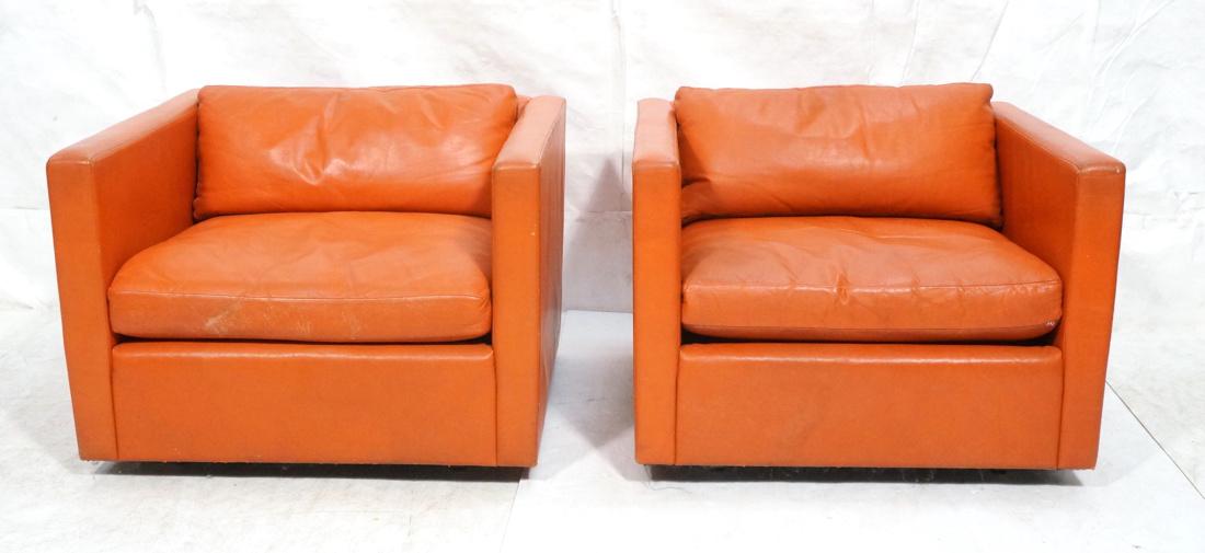 Pr KNOLL Red Orange Leather Cube Lounge Chairs. D (1 of 9)