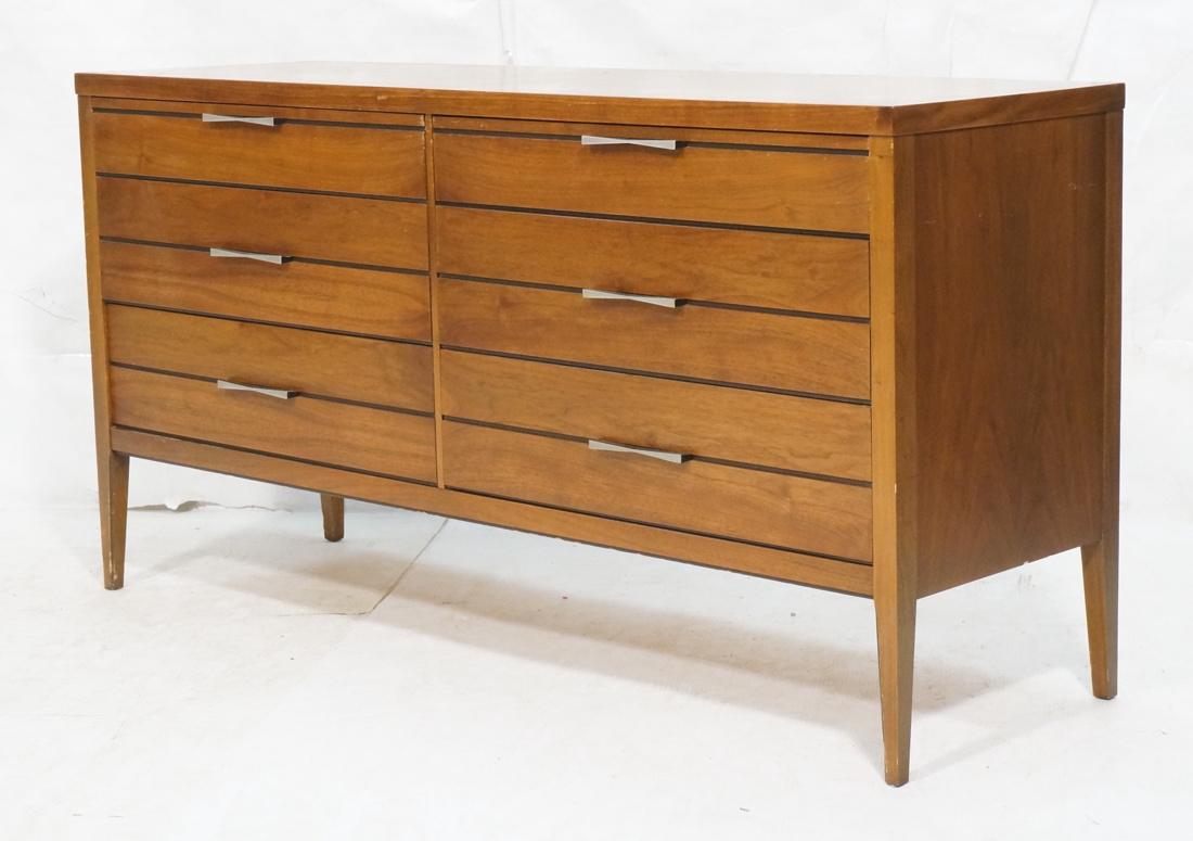 LANE 6 Drawer Credenza Dresser Chest. Decorative: LANE 6 Drawer Credenza Dresser Chest. Decorative top with rosewood bowtie details. Metal black and aluminum pulls in bowtie motif. Raised on tapered square legs. Marked-- Dimensions: H: 30.25 inches: 