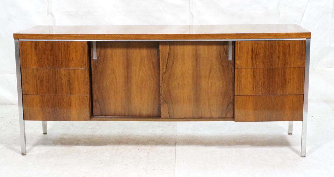 Wood & Chrome Credenza Sideboard Modern. Chrome t: Wood & Chrome Credenza Sideboard Modern. Chrome tube legs and trim detail. 2 sliding center doors and 6 highly polished drawers. Office furniture.-- Dimensions: H: 28.75 inches: W: 66 inches: D: 19 in