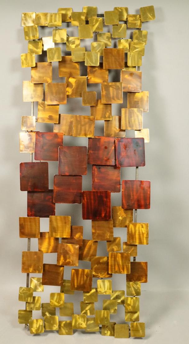 Contemporary Square Tile Metal Wall Sculpture. Va: Contemporary Square Tile Metal Wall Sculpture. Various sized squares in mixed paint designs.-- Dimensions: H: 17.5 inches: W: 45.5 inches: D: 1.5 inches ---