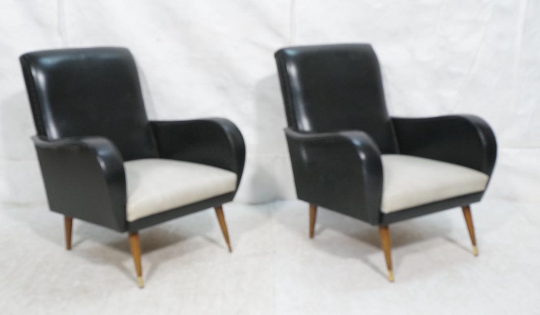 Pr Italian Black & Gray Vinyl Tall Back Lounge Ch: Pr Italian Black & Gray Vinyl Tall Back Lounge Chairs. Curved Arms. Wood Peg Legs.-- Dimensions: H: 33 inches: W: 27.5 inches: D: 28 inches ---