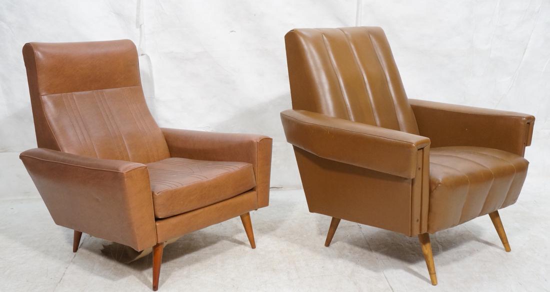 2pc Brown Vinyl Italian Lounge Chairs. One channe: 2pc Brown Vinyl Italian Lounge Chairs. One channel stitched on tapered wood peg legs. Other burnt rust vinyl with peg legs.-- Dimensions: H: 34.5 inches: W: 31 inches: D: 31.5 inches ---