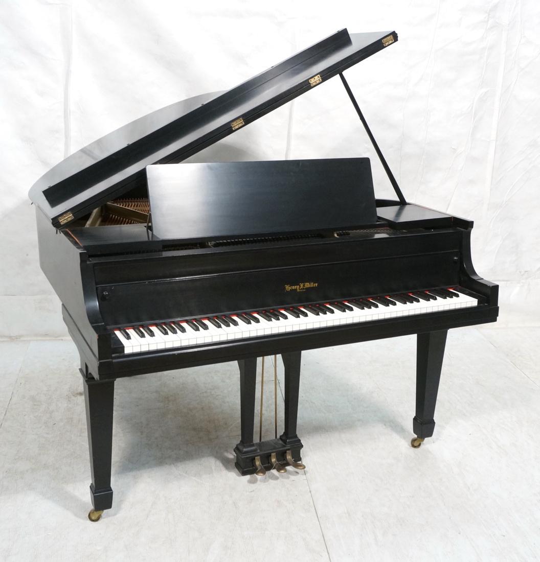 HENRY F. MILLER Ebonized Lacquer Baby Grand Piano: HENRY F. MILLER Ebonized Lacquer Baby Grand Piano. Plays. 2015 invoice for tuning included. -- Dimensions: H: 36.5 inches: W: 54.25 inches: D: 57 inches ---