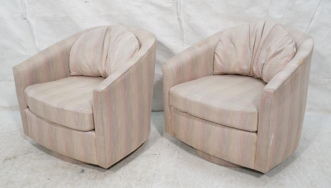Pr MILO BAUGHMAN Style Swivel Back Lounge Chairs.: Pr MILO BAUGHMAN Style Swivel Back Lounge Chairs. Pale striped pastel fabric. Swivels on upholstered round base. Not marked.-- Dimensions: H: 28.5 inches: W: 29.5 inches: D: 29.5 inches ---