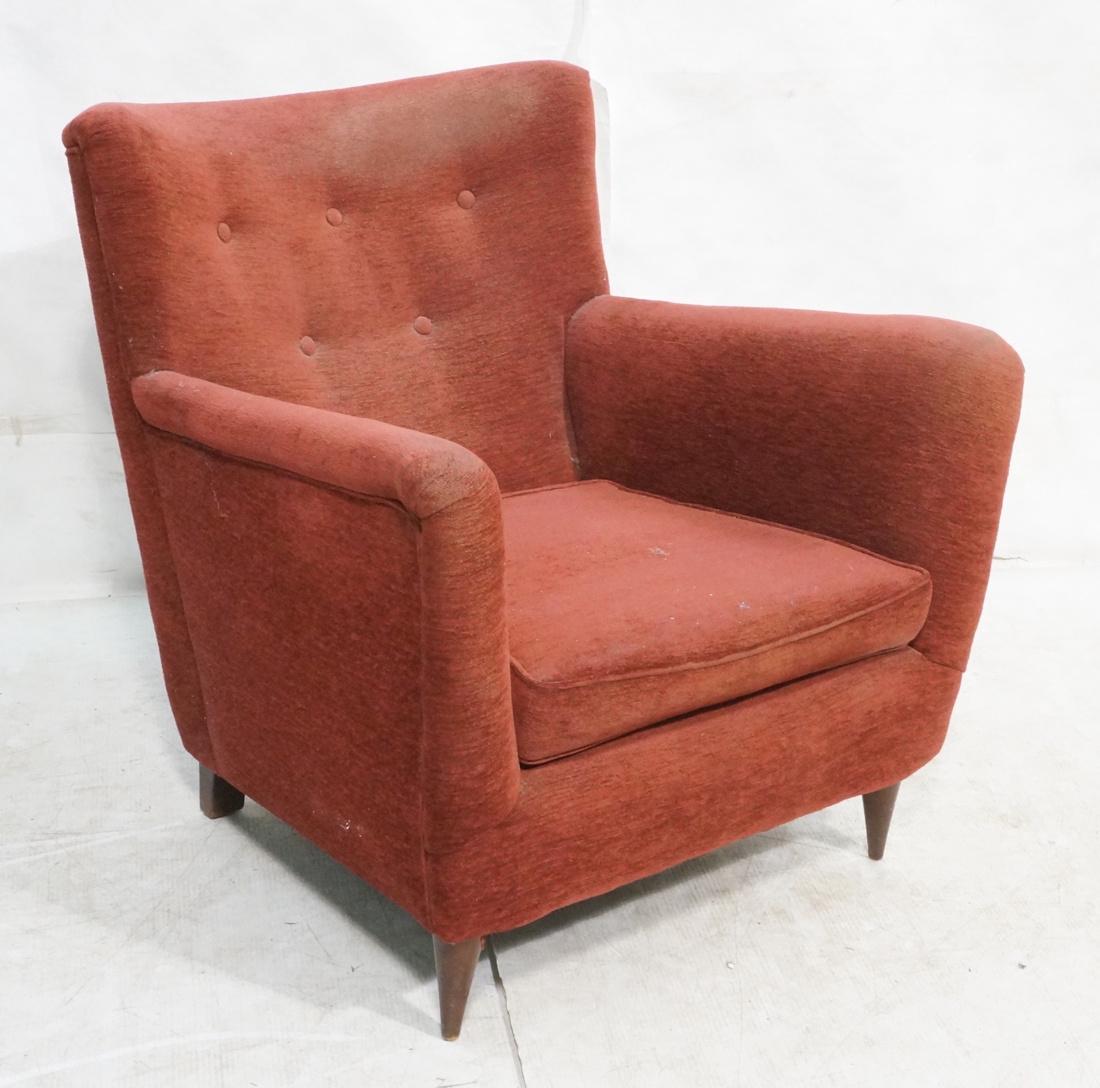 Italian Style Wine Fabric Lounge Chair. Squat woo: Italian Style Wine Fabric Lounge Chair. Squat wood tapered peg legs. -- Dimensions: H: 33 inches: W: 30.5 inches: D: 32 inches ---