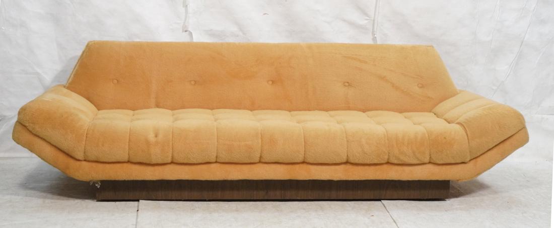 Modern ADRIAN PEARSALL Style 8 Ft Sofa Gold Plush: Modern ADRIAN PEARSALL Style 8 Ft Sofa Gold Plush Fabric. Angled back with cushion front. Angled arms. On rectangular wood skirt base. Not marked.-- Dimensions: H: 29 inches: W: 96 inches: D: 33.5 inc