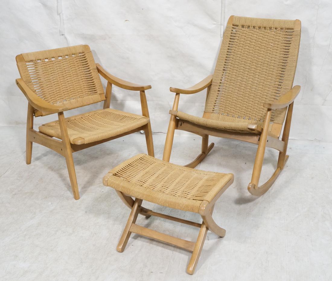 3pc Woven Rush Blond Wood Rocker, Chair & Ottoman (1 of 10)