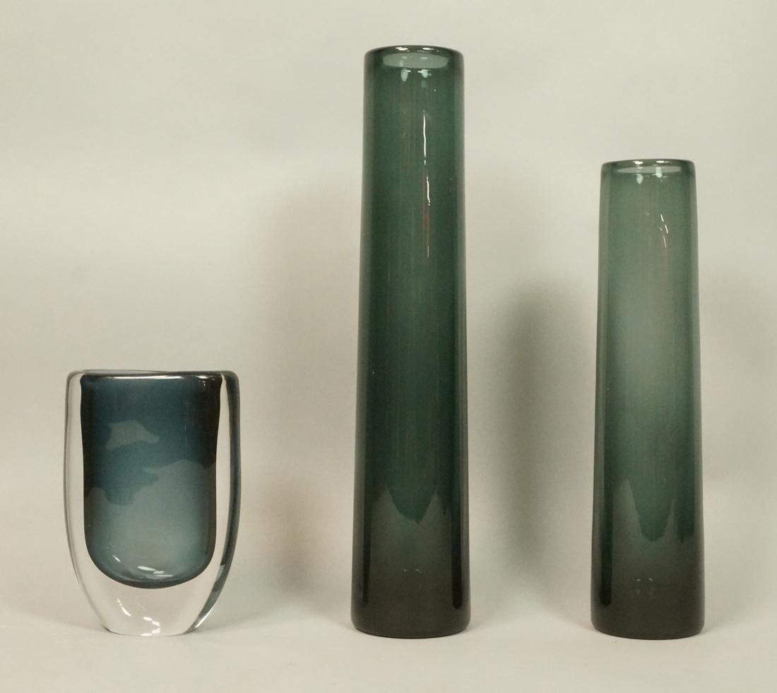 3pc Scandinavian Sweden Art Glass Vases. 1). PER: 3pc Scandinavian Sweden Art Glass Vases. 1). PER LUTKEN for HOLMEGAARD Sweden Tall Dark Gray Tapered cylinder vase. Signed & dated 1960. 2) LUTKEN for HOLMEGAARD Tapered CYLINDER VASE. SIGNED & DATED