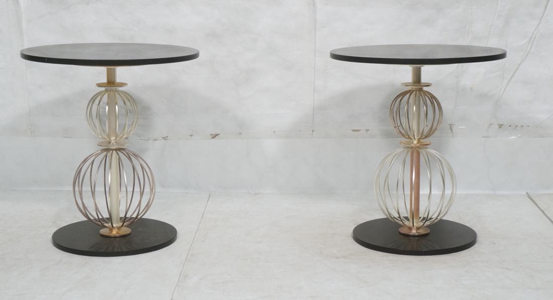 Pr Black Stone Round Side Tables. Silver rod cage (1 of 7)