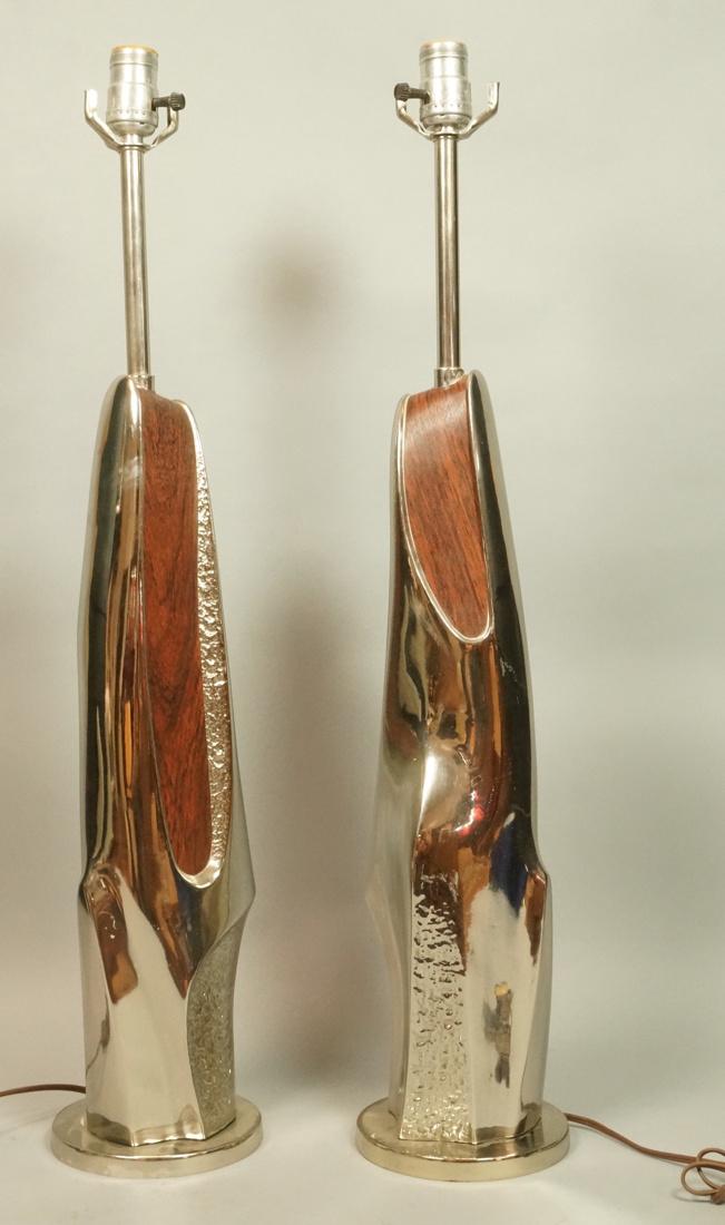 Pr LAUREL Brutalist Wood Panel Table Lamps. Silve (1 of 8)