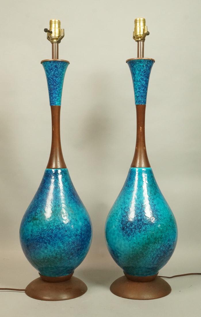 Pr Modernist Blue Ceramic Tall Table Lamps. Bulbo (1 of 8)
