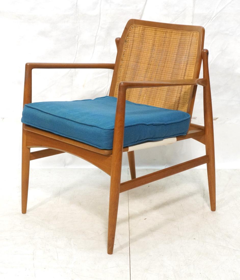 Arne Vodder Mid Century Danish Teak Lounge Chair.: Arne Vodder Mid Century Danish Teak Lounge Chair. Woven Rattan back rest. Metal Denmark tag-- Dimensions: H: 30 inches: W: 23.5 inches: D: 23 inches ---