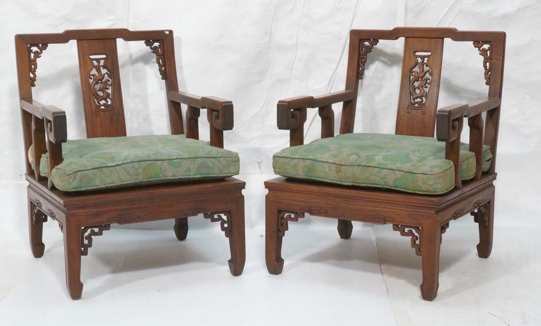Pr Asian style Carved Oak Lounge Chairs. Center s (1 of 10)