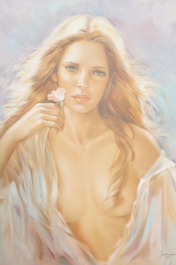 LEO JANSEN Semi Nude Female Oil Painting. Blonde: LEO JANSEN Semi Nude Female Oil Painting. Blonde woman with pink rose. Signed; artists cartouche and thumbprint on reverse. #54908. Leonard Jansen, Dutch artist who was commissioned by PLAYBOY to pain