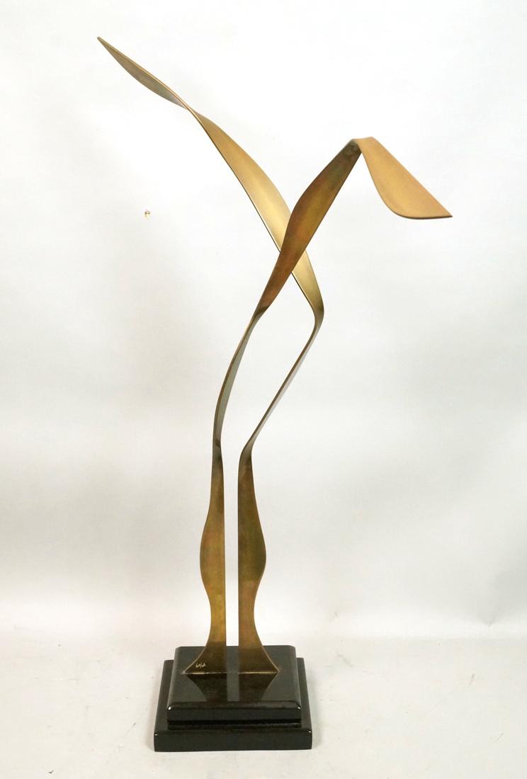 Tall Modernist Metal Sculpture. VAN TEAL. Two cur: Tall Modernist Metal Sculpture. VAN TEAL. Two curved metal elements create elegant form. Stepped black base. Signed. -- Dimensions: H: 31 inches: W: 23 inches: D: 10 inches ---