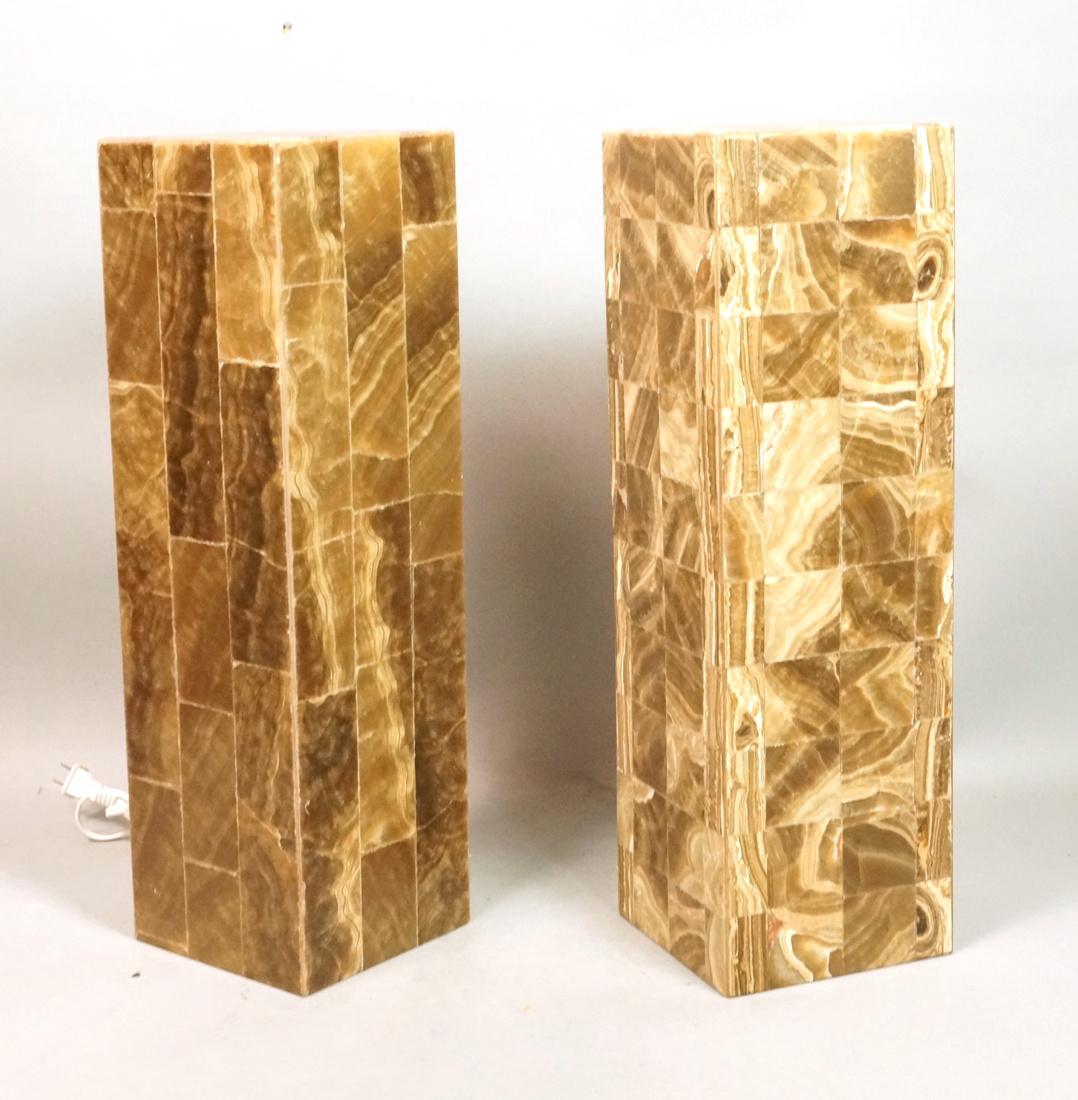 Pr Tall Square Stone Column Lamps. One lamp has s: Pr Tall Square Stone Column Lamps. One lamp has square stone tile sides. one lamp with vertical rectangle stone sides. Light up interiors. -- Dimensions: H: 20 inches: W: 6 inches: D: 6 inches ---