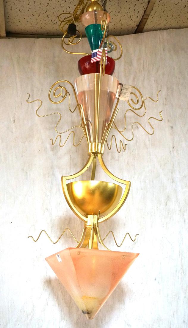 Van Teal Contemporary Gilt Metal Mixed Media Chan: Van Teal Contemporary Gilt Metal Mixed Media Chandelier. Gilt metal body with extended funky arms. Lower molded resin pyramid. Original makers hang tag-- Dimensions: H: 49 inches: W: 18 inches: D: 18