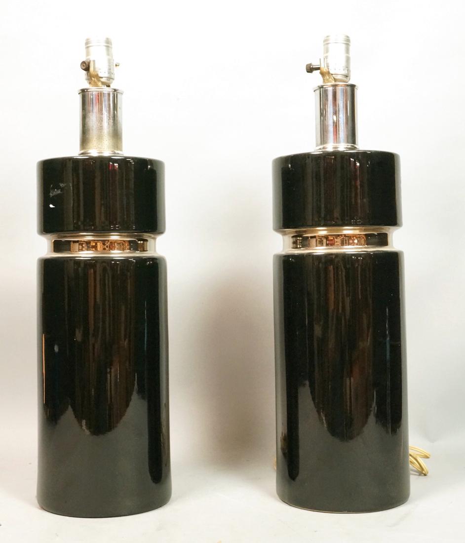 Pr Tall Black Glazed Ceramic Table Lamps. Column (1 of 10)