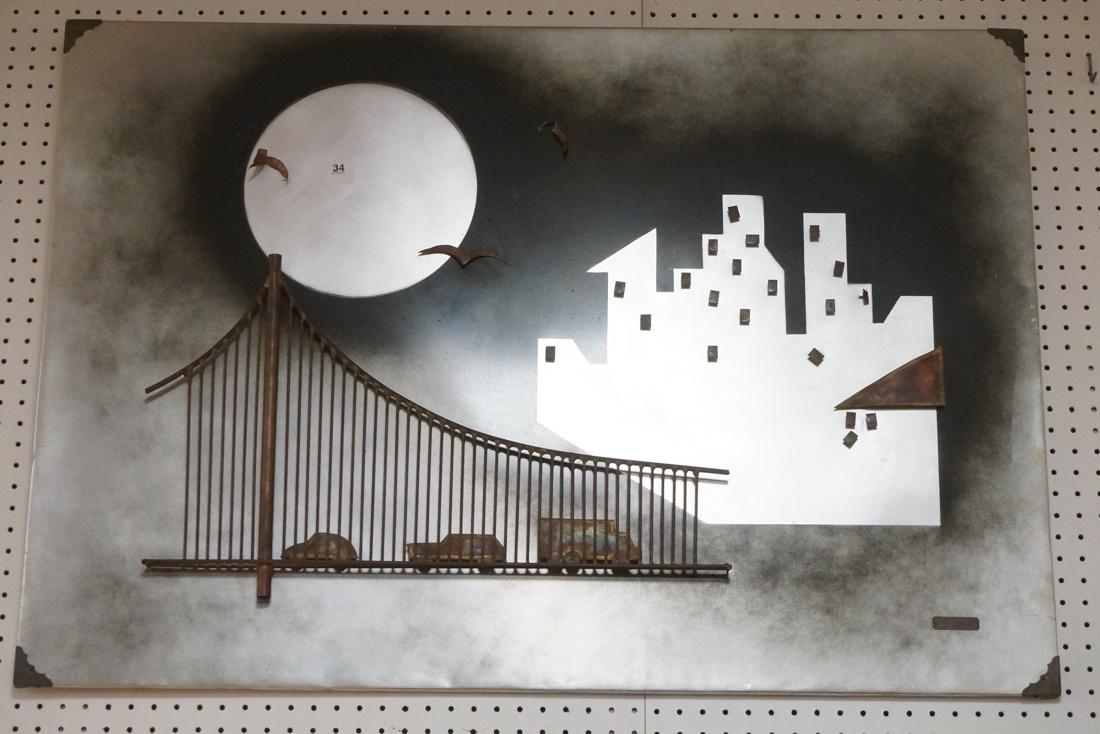 KOVACS 3D Bridge & Moon Wall Sculpture Art. Mixed: KOVACS 3D Bridge & Moon Wall Sculpture Art. Mixed Metals with city in background. Signed. Probably Alex Kovacs-- Dimensions: H: 32 inches: W: 46 inches: D: 2.5 inches ---