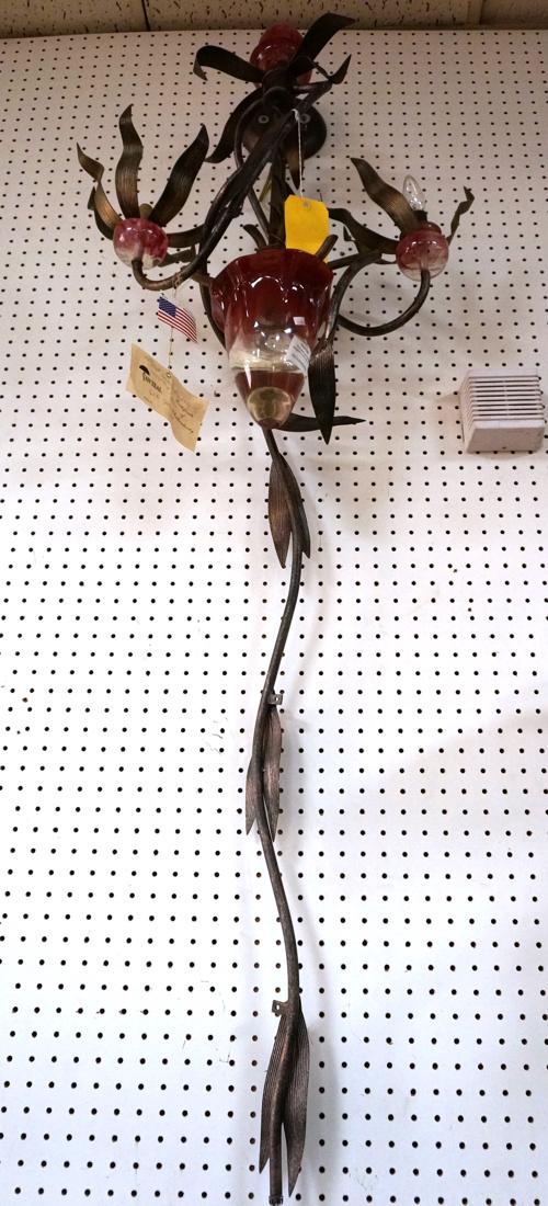 VAN TEAL Sculptural Metal Floral Wall Sconce. Thr: VAN TEAL Sculptural Metal Floral Wall Sconce. Three Acrylic elements on metal form with leaves. Original Van Teal paper hang tag. Wall mounted light fixture-- Dimensions: H: 64 inches: W: 20 inches: D