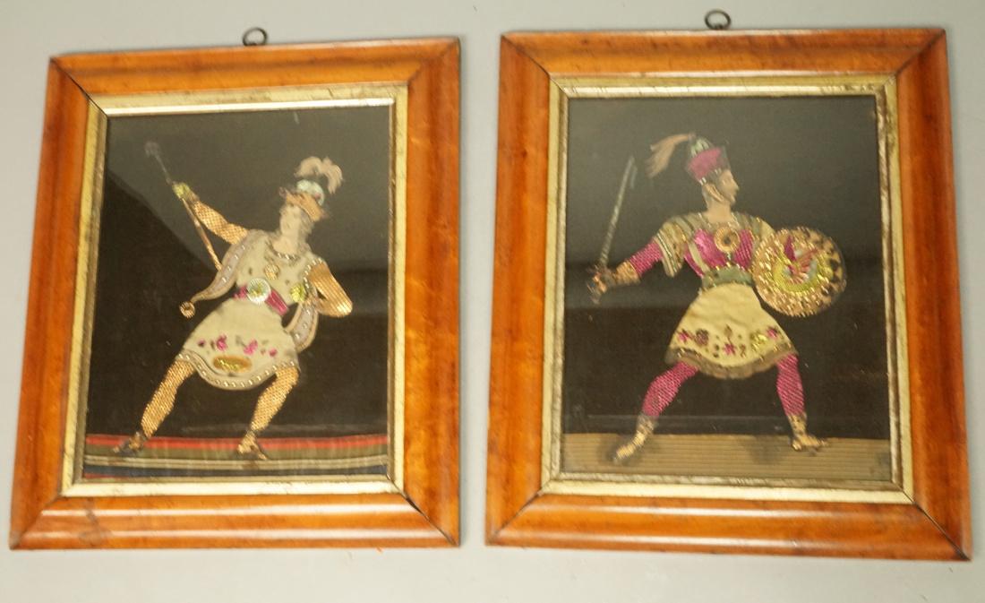 Pr Antique Mixed Medium Warrior Images on Fabric.: Pr Antique Mixed Medium Warrior Images on Fabric. Burled maple frame. Dresden Paper Style.-- Dimensions: H: 10 inches: W: 8 inches ---