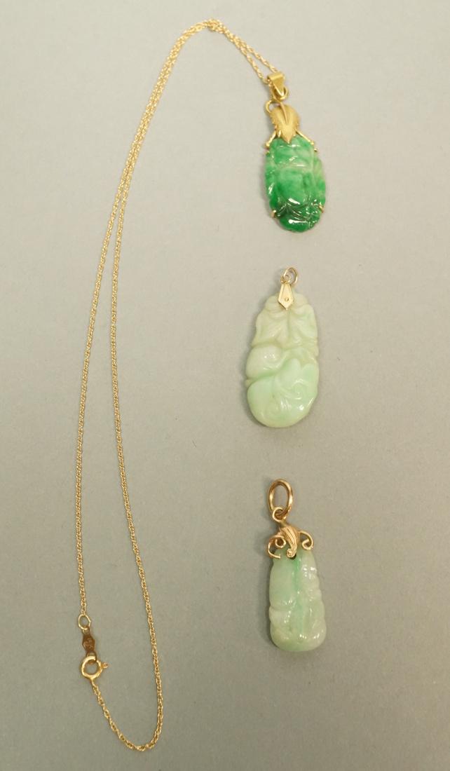 3pc Asian Carved Jade Pendants. One with gold cha (1 of 4)