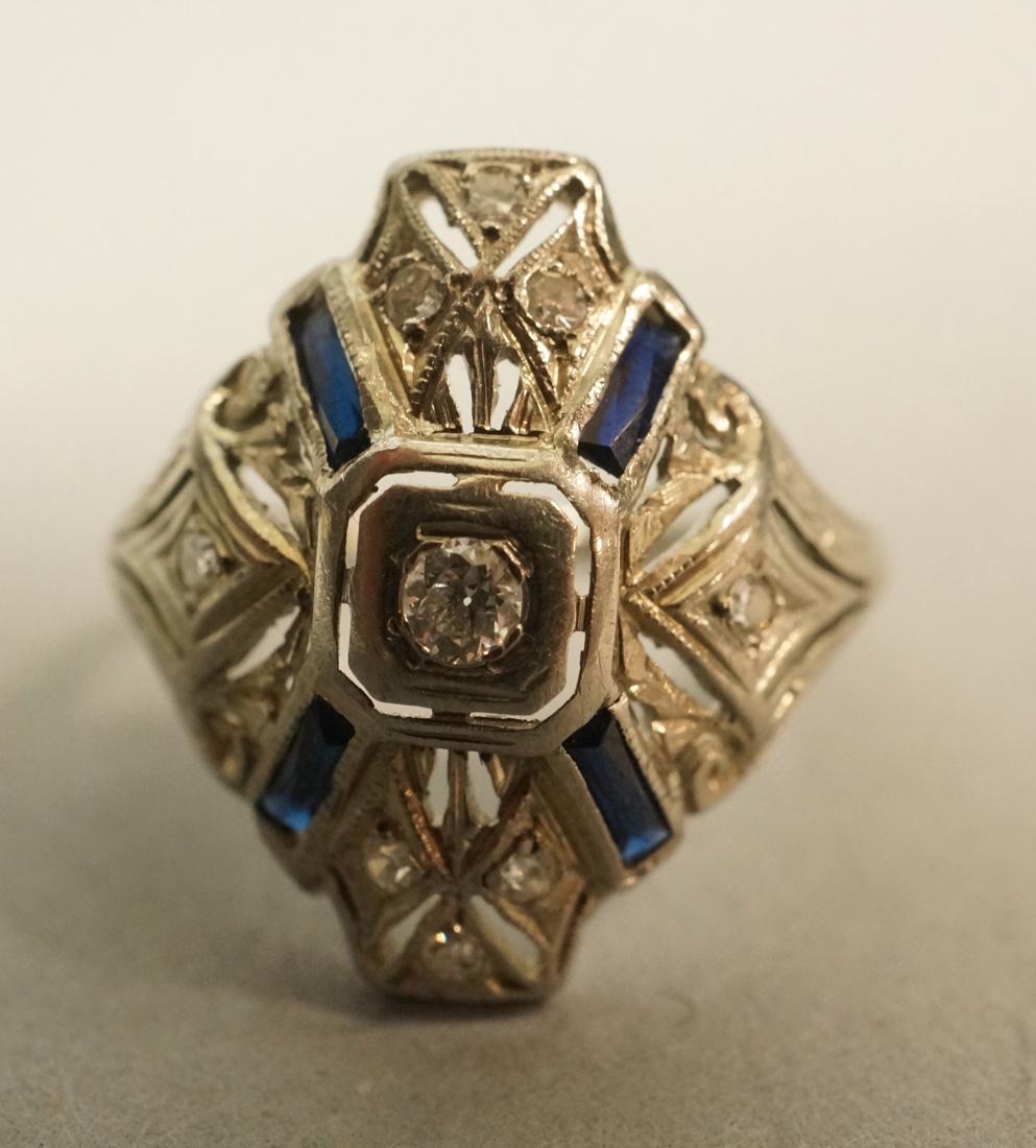 18K Gold Filigree Diamond & Sapphire Ring. White (1 of 3)