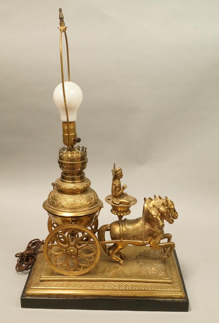 Vintage Figural Brass Horse Drawn Carriage Lamp.