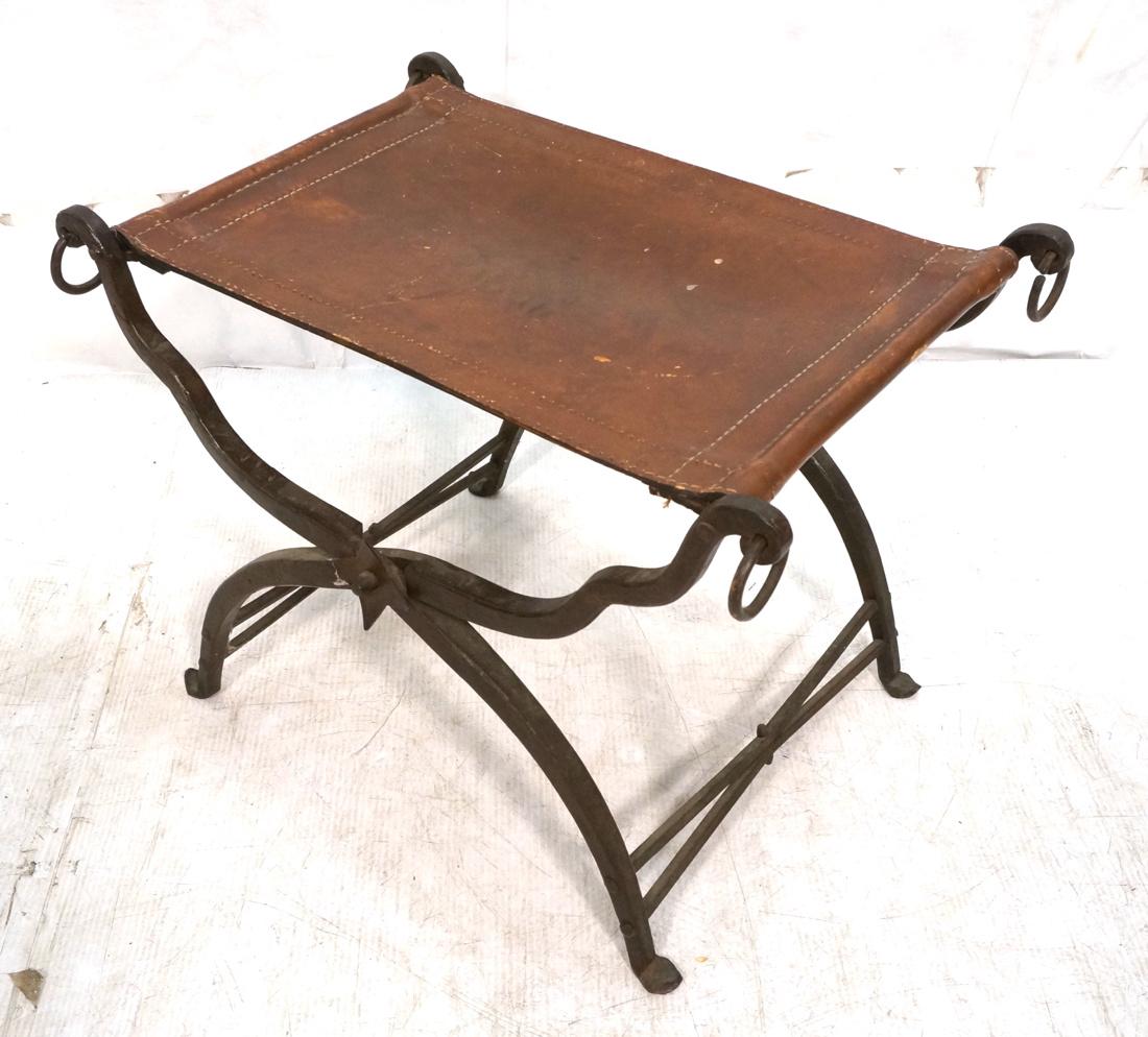 Vintage Heavy Wrought Iron Stool Bench. Thick lea (1 of 6)