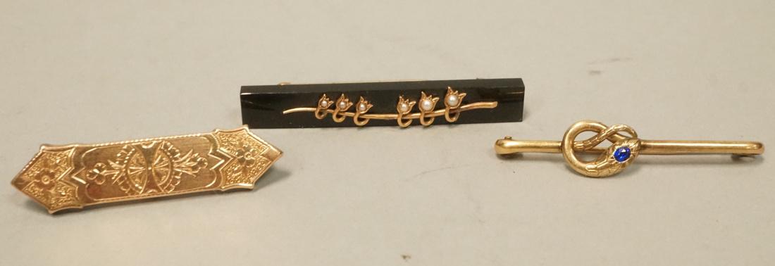 3pc Victorian Gold Bar Pins. Onyx w seed pearls; (1 of 7)