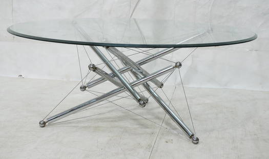 CASSINA Italian Chrome Tension Rod Coffee Table.: CASSINA Italian Chrome Tension Rod Coffee Table. Theodore Waddell. Steel rods, chrome steel tubes & balls support thick round glass top. 713/714 cocktail table. 1973. -- Dimensions: H: 16.25 inches: W